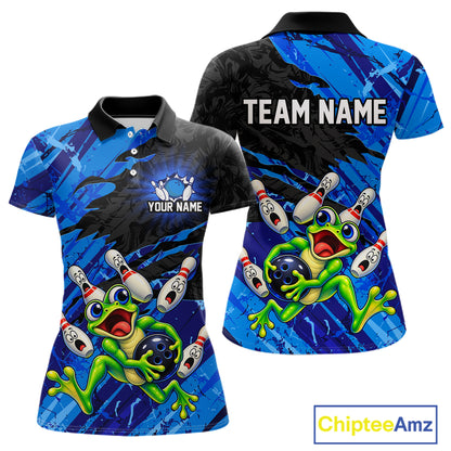 Custom Blue Funny Frog Bowling Shirt for Women Bowling Team Jersey QZT1271