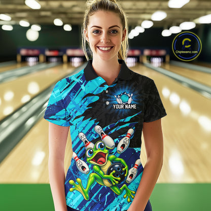 Custom Cyan Funny Frog Bowling Shirt for Women Bowling Team Jersey QZT1271