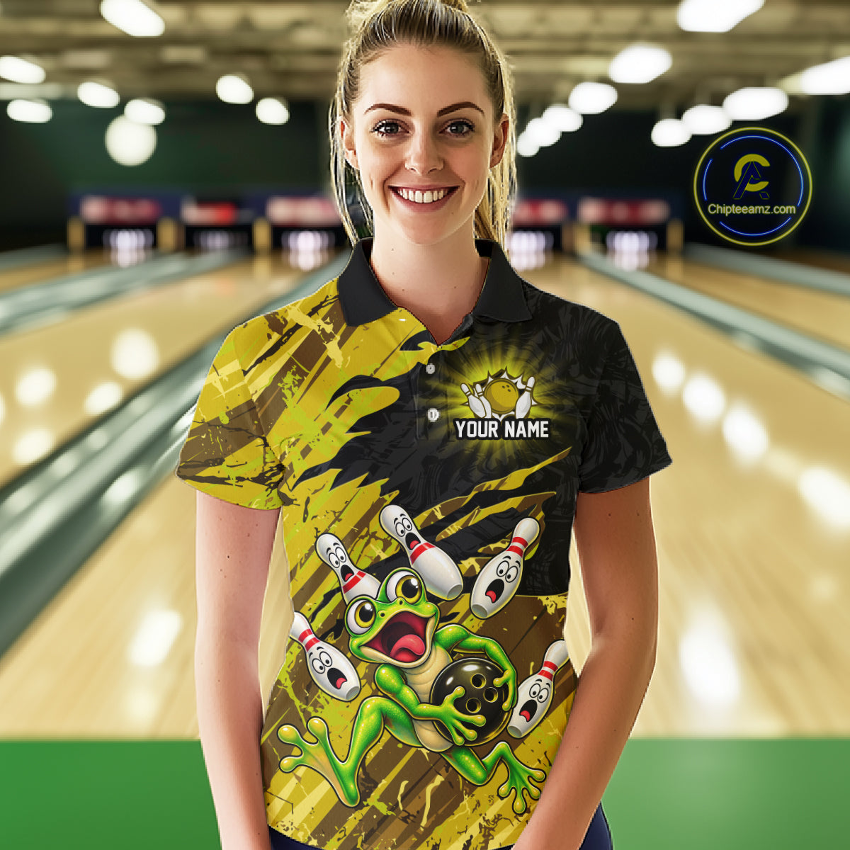 Custom Yellow Funny Frog Bowling Shirt for Women Bowling Team Jersey QZT1271