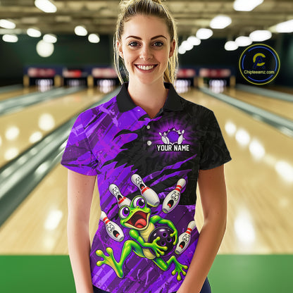 Custom Purple Funny Frog Bowling Shirt for Women Bowling Team Jersey QZT1271