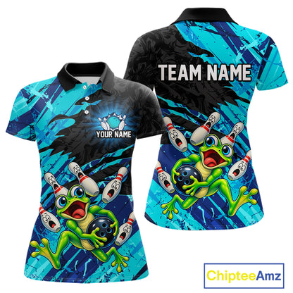 Custom Cyan Funny Frog Bowling Shirt for Women Bowling Team Jersey QZT1271