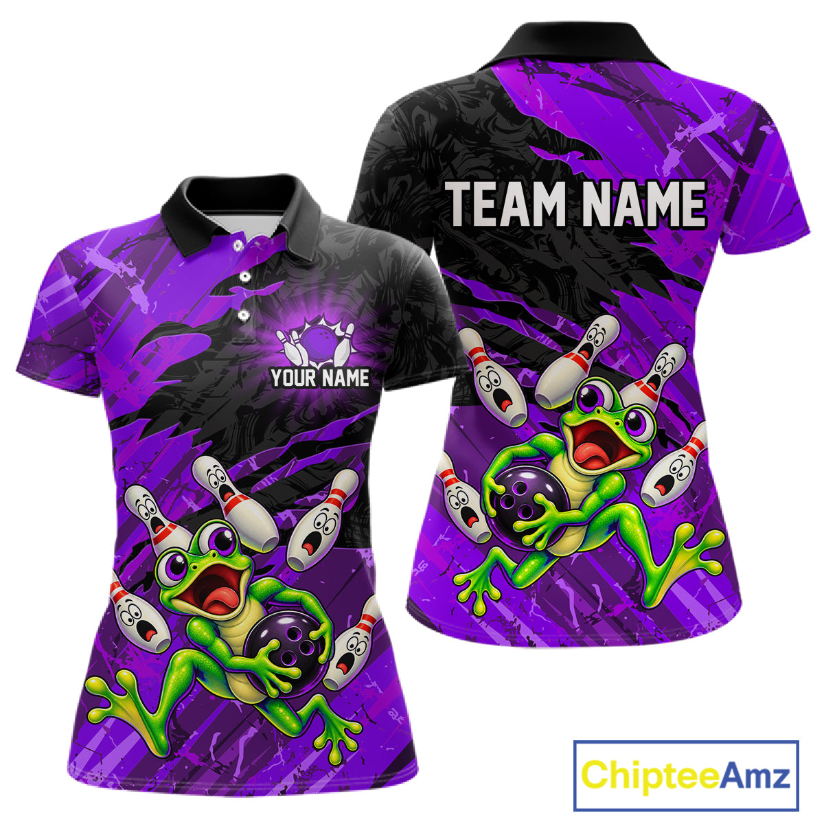 Custom Purple Funny Frog Bowling Shirt for Women Bowling Team Jersey QZT1271