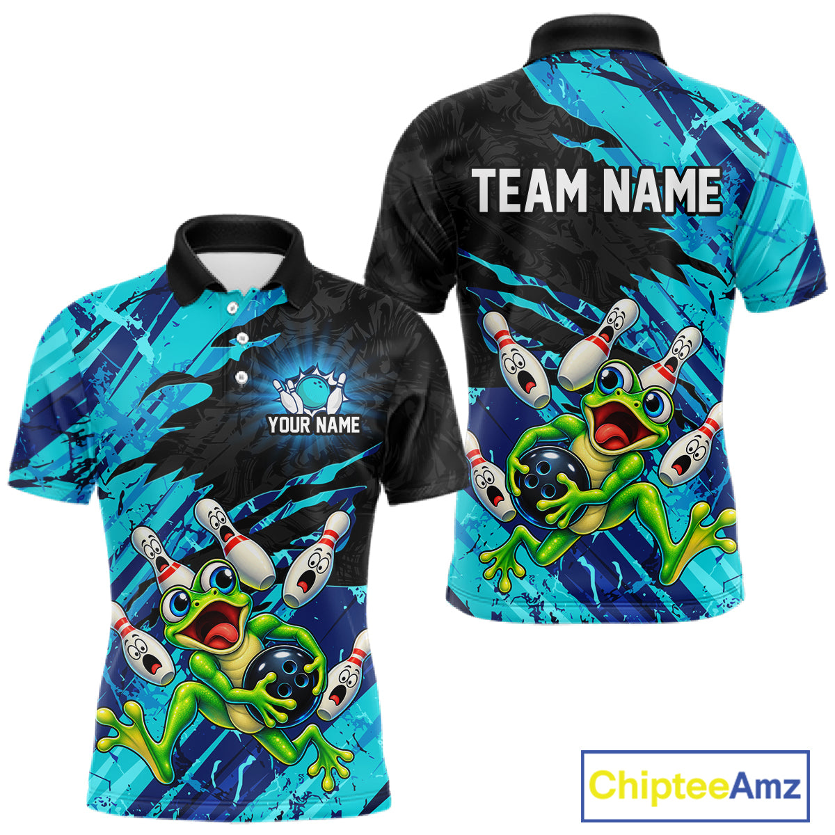 Custom Cyan Funny Frog Bowling Shirt for Men Bowling Team Jersey QZT1271