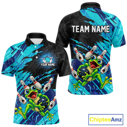 Custom Cyan Funny Frog Bowling Shirt for Men Bowling Team Jersey QZT1271