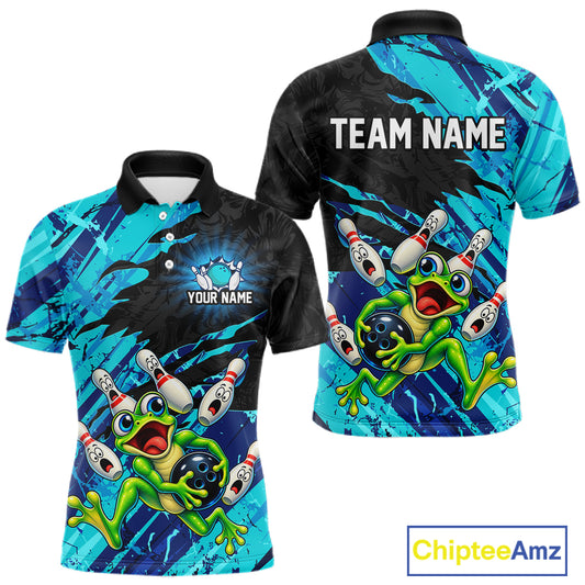 Custom Cyan Funny Frog Bowling Shirt for Men Bowling Team Jersey QZT1271