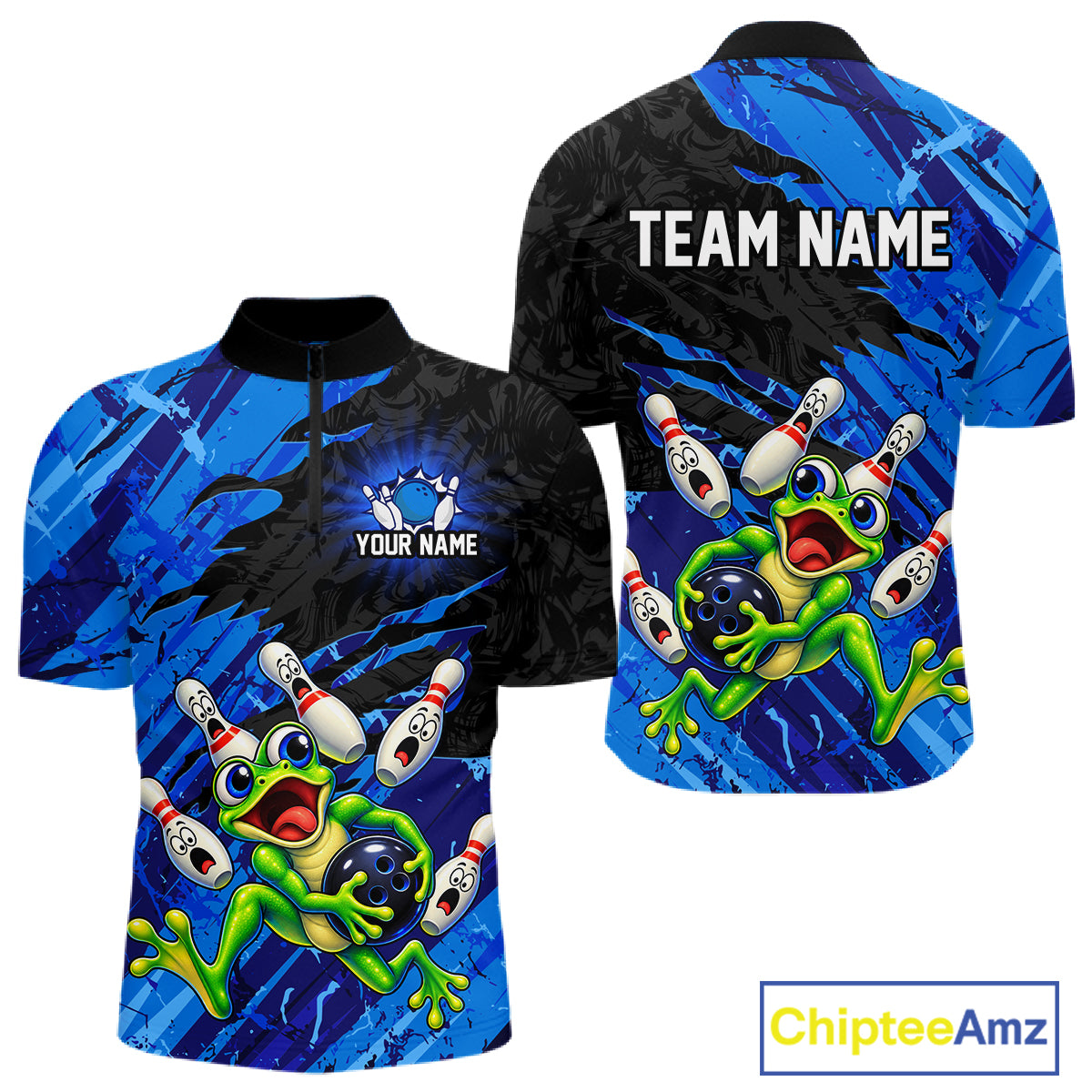 Custom Blue Funny Frog Bowling Shirt for Men Bowling Team Jersey QZT1271