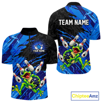 Custom Blue Funny Frog Bowling Shirt for Men Bowling Team Jersey QZT1271