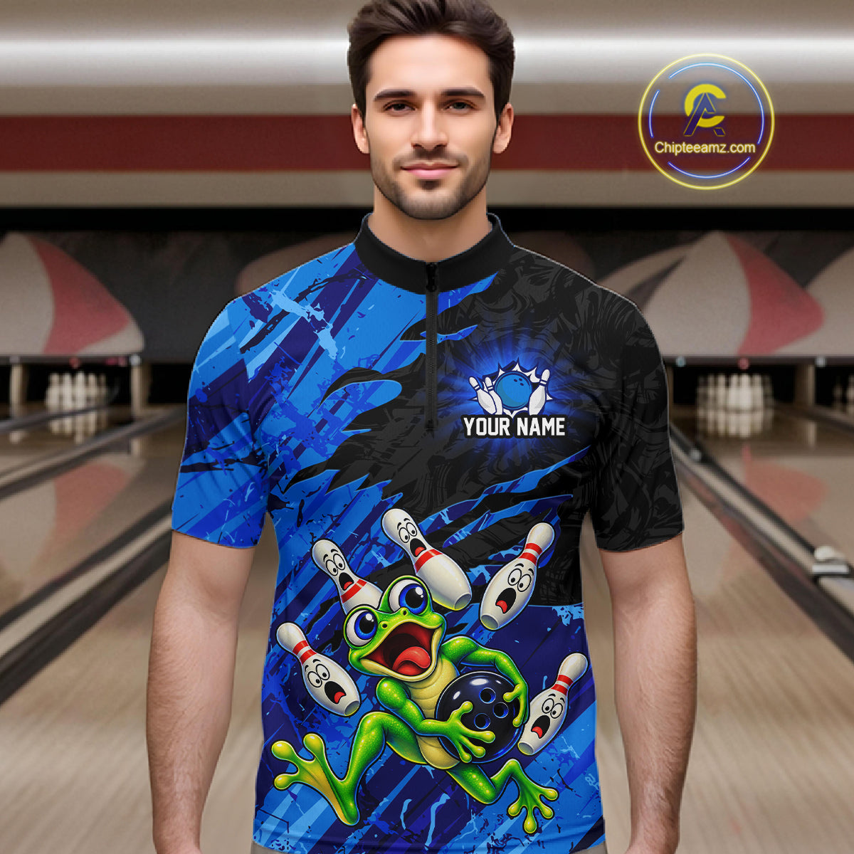 Custom Blue Funny Frog Bowling Shirt for Men Bowling Team Jersey QZT1271