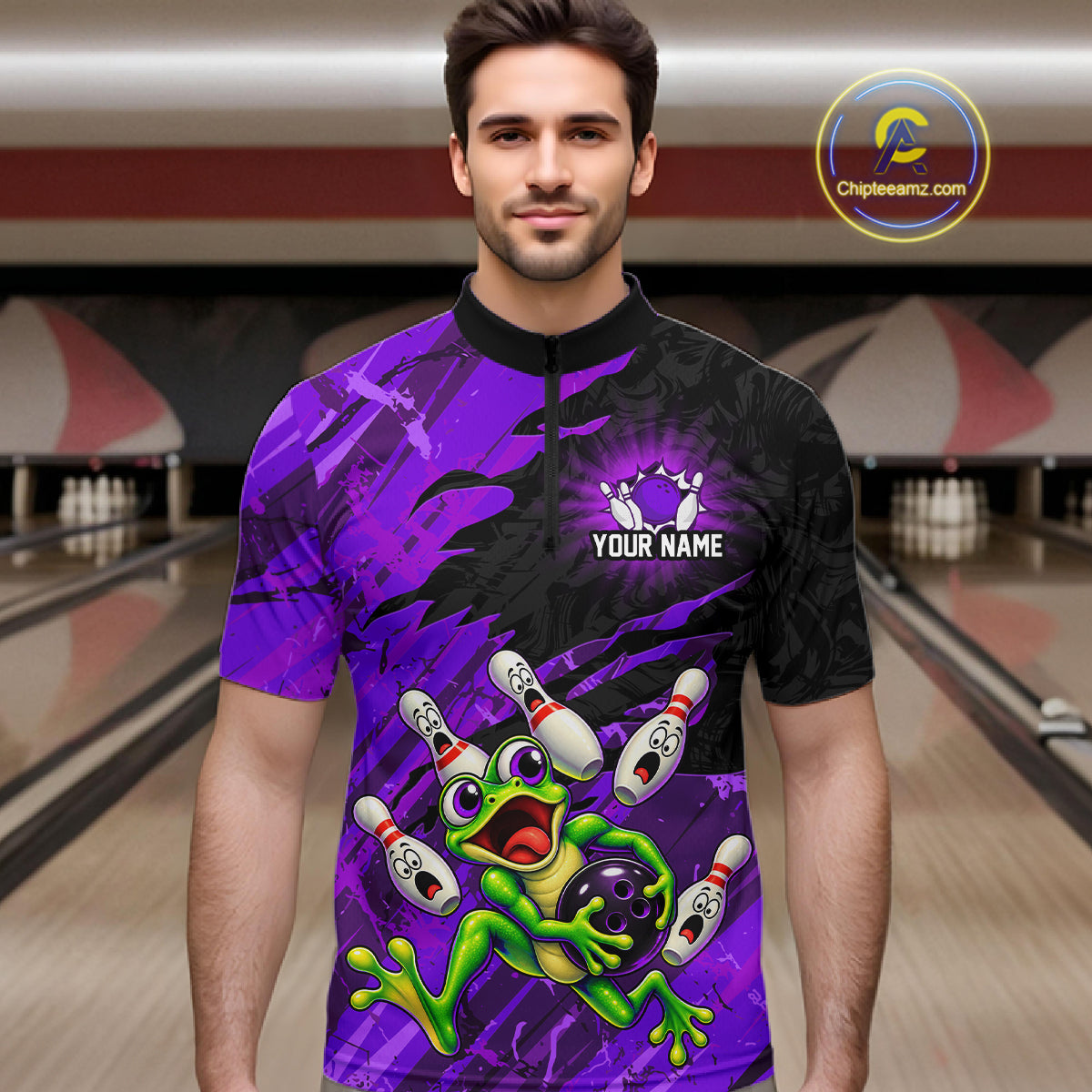 Custom Purple Funny Frog Bowling Shirt for Men Bowling Team Jersey QZT1271