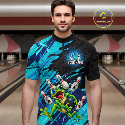Custom Cyan Funny Frog Bowling Shirt for Men Bowling Team Jersey QZT1271