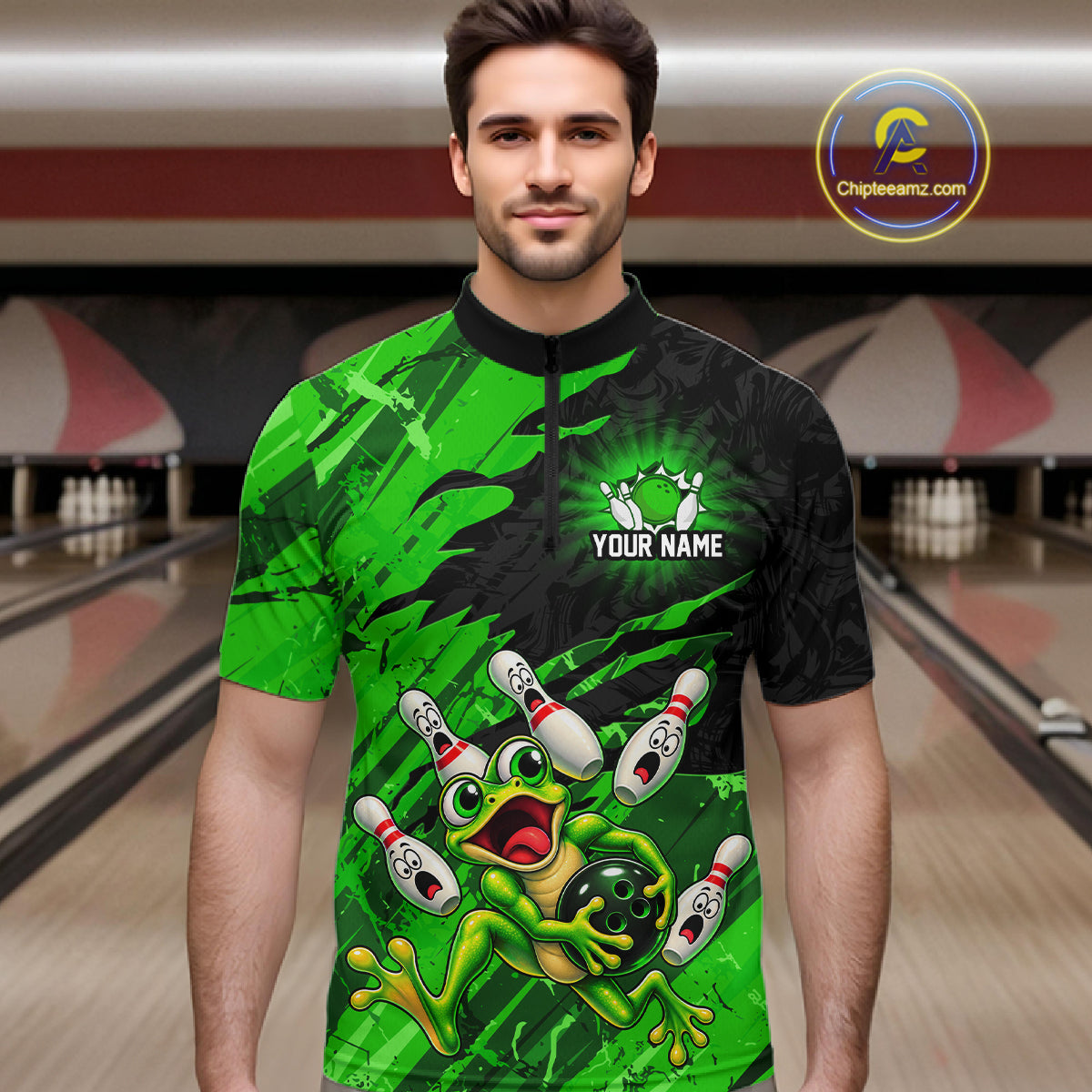 Custom Green Funny Frog Bowling Shirt for Men Bowling Team Jersey QZT1271