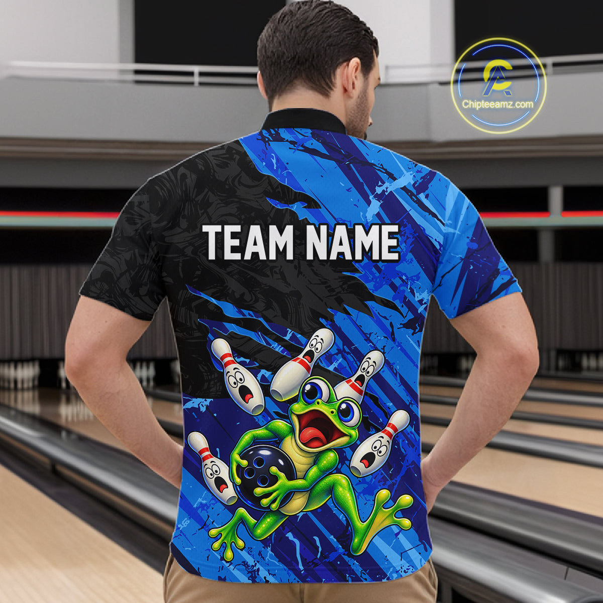 Custom Blue Funny Frog Bowling Shirt for Men Bowling Team Jersey QZT1271