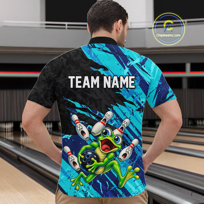Custom Cyan Funny Frog Bowling Shirt for Men Bowling Team Jersey QZT1271