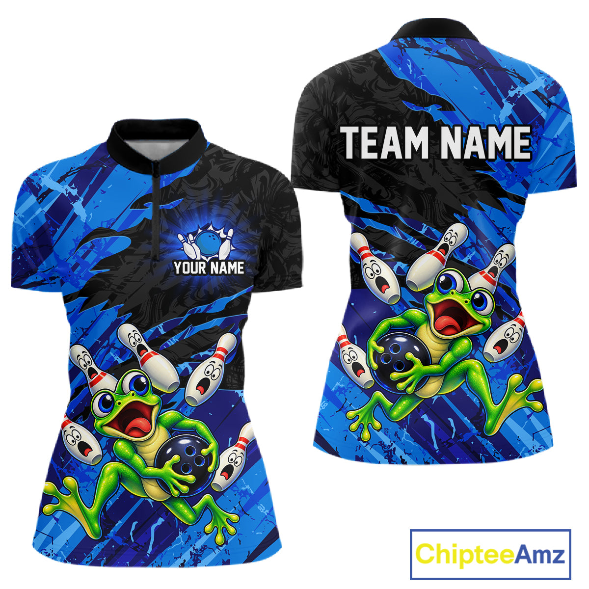 Custom Blue Funny Frog Bowling Shirt for Women Bowling Team Jersey QZT1271