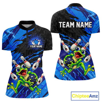 Custom Blue Funny Frog Bowling Shirt for Women Bowling Team Jersey QZT1271