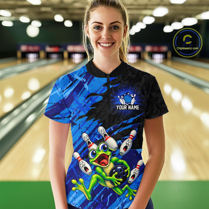 Custom Blue Funny Frog Bowling Shirt for Women Bowling Team Jersey QZT1271