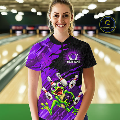 Custom Purple Funny Frog Bowling Shirt for Women Bowling Team Jersey QZT1271