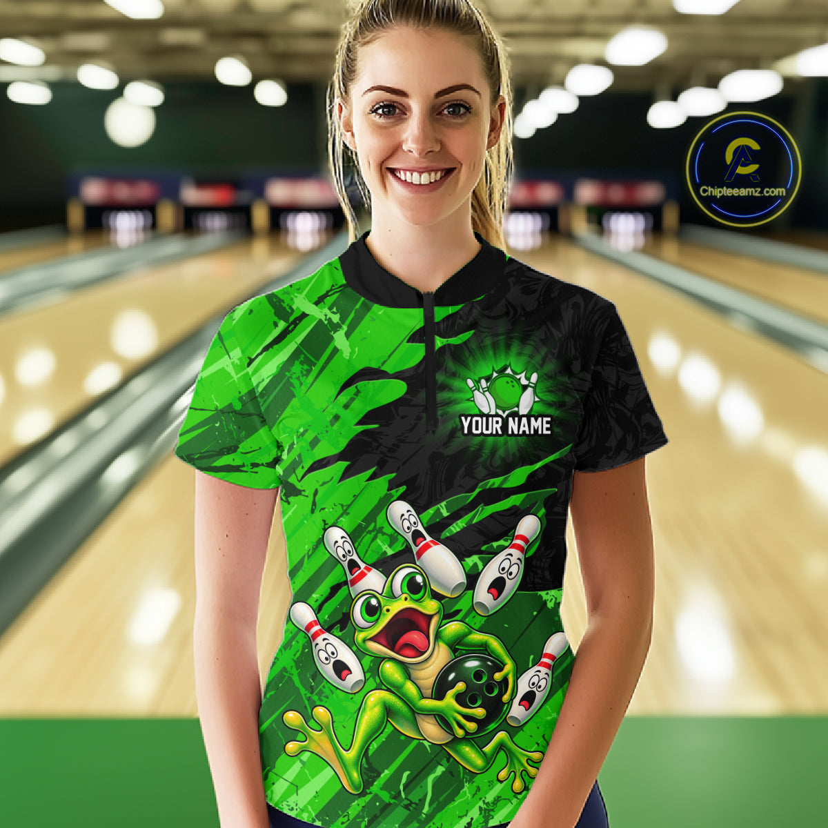 Custom Green Funny Frog Bowling Shirt for Women Bowling Team Jersey QZT1271