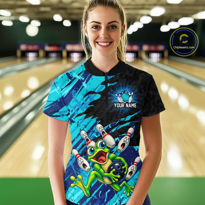 Custom Cyan Funny Frog Bowling Shirt for Women Bowling Team Jersey QZT1271