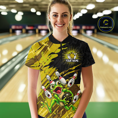 Custom Yellow Funny Frog Bowling Shirt for Women Bowling Team Jersey QZT1271