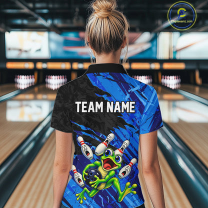 Custom Blue Funny Frog Bowling Shirt for Women Bowling Team Jersey QZT1271