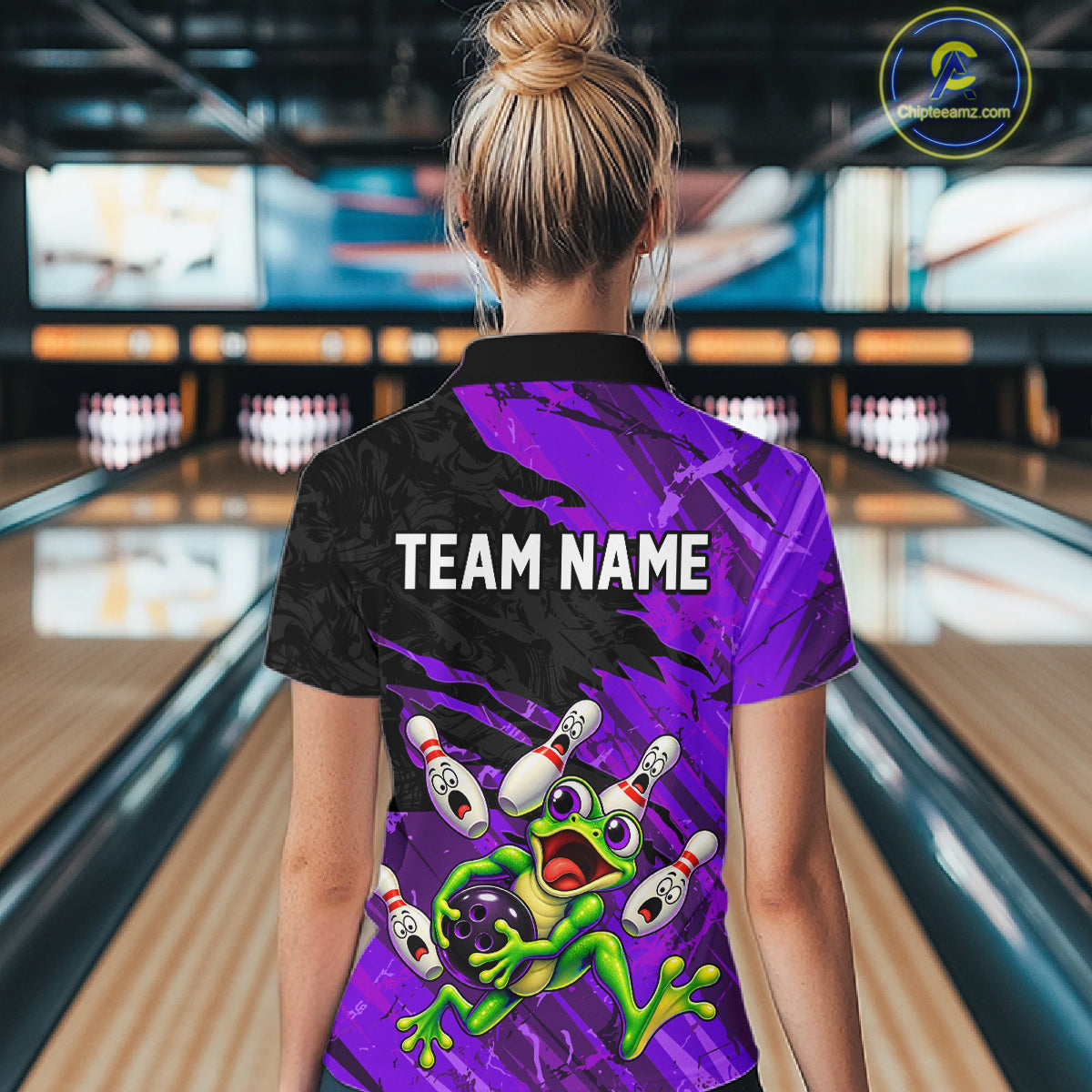 Custom Purple Funny Frog Bowling Shirt for Women Bowling Team Jersey QZT1271