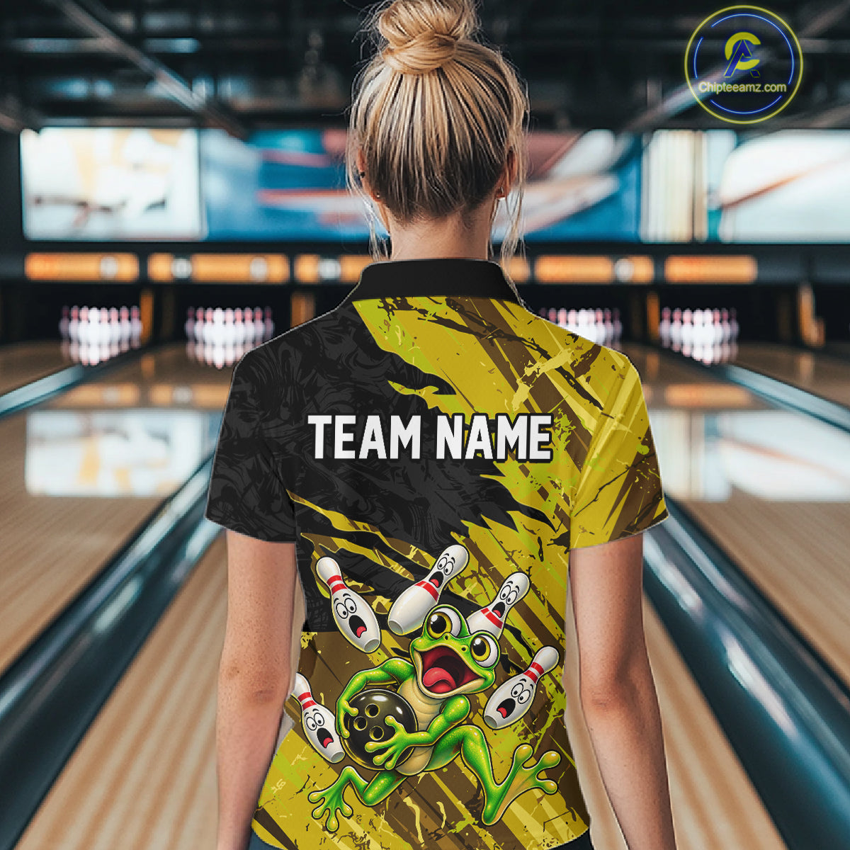 Custom Yellow Funny Frog Bowling Shirt for Women Bowling Team Jersey QZT1271
