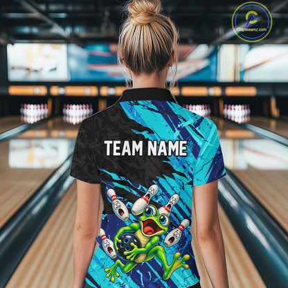 Custom Cyan Funny Frog Bowling Shirt for Women Bowling Team Jersey QZT1271