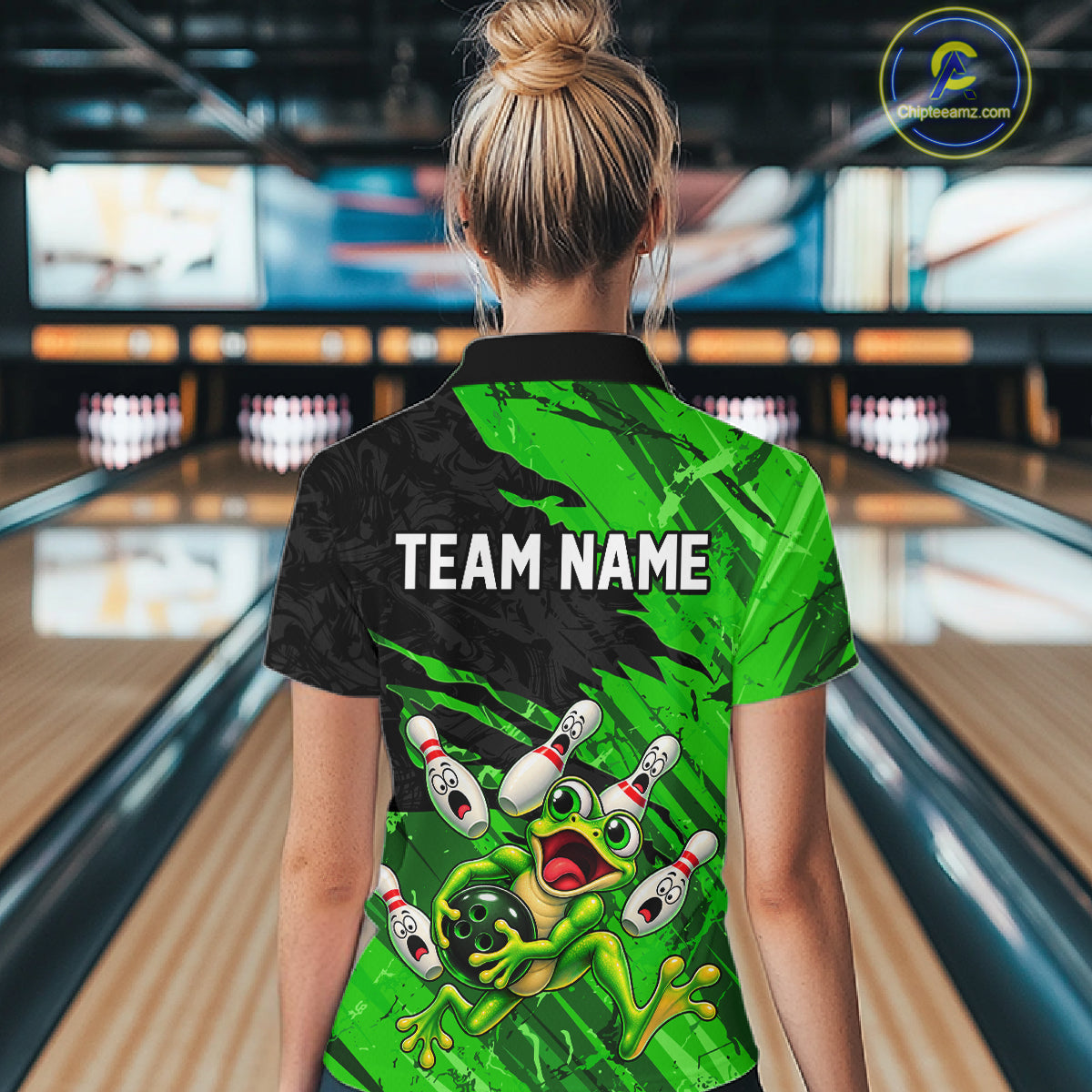 Custom Green Funny Frog Bowling Shirt for Women Bowling Team Jersey QZT1271