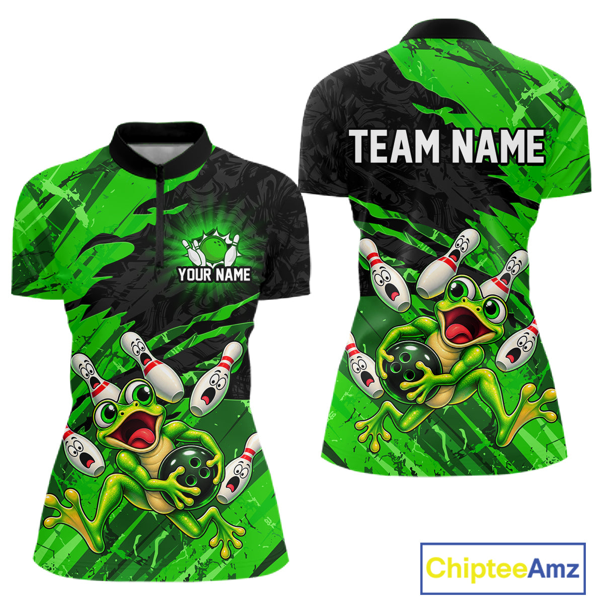 Custom Green Funny Frog Bowling Shirt for Women Bowling Team Jersey QZT1271
