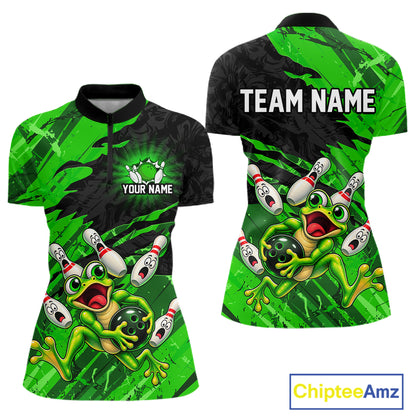 Custom Green Funny Frog Bowling Shirt for Women Bowling Team Jersey QZT1271
