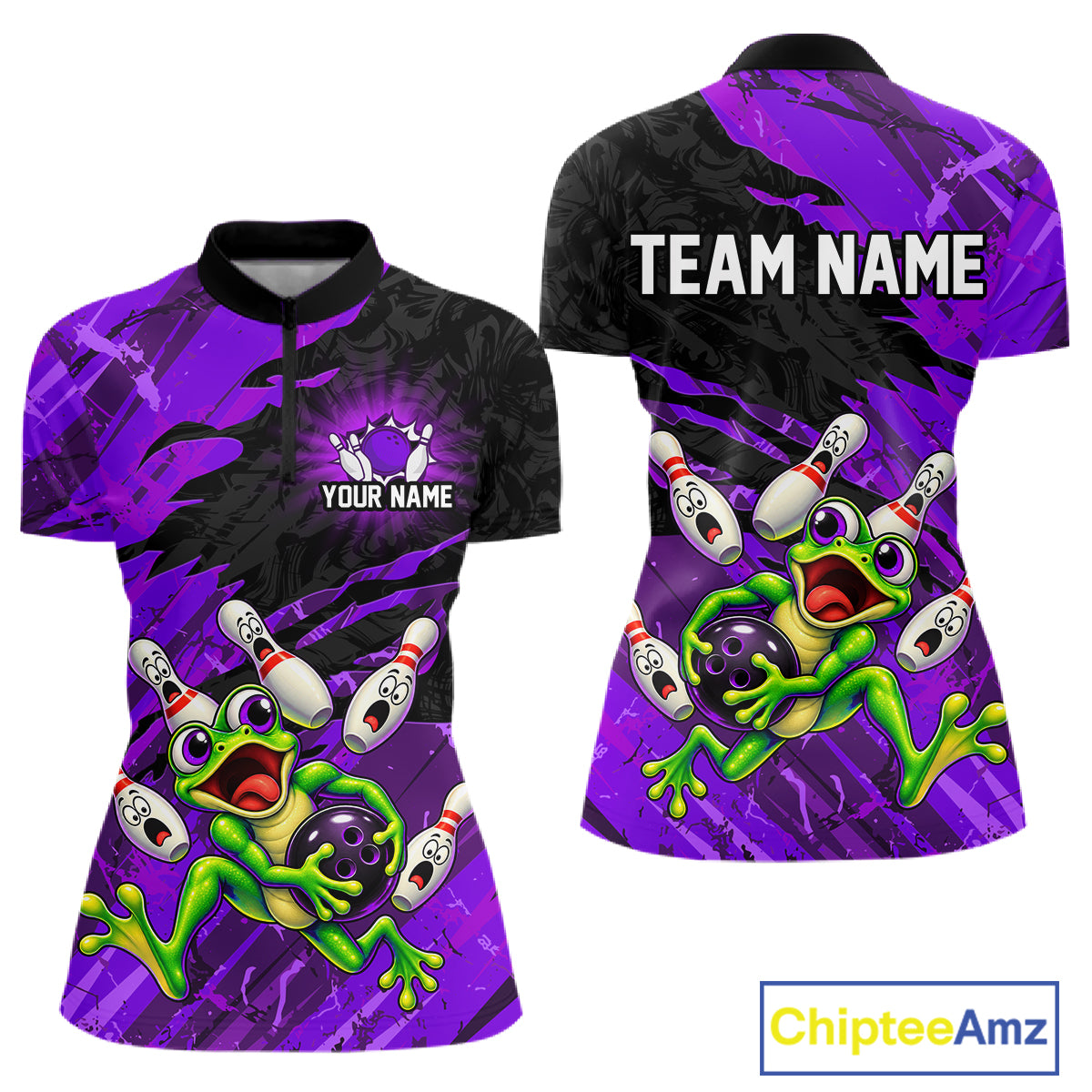 Custom Purple Funny Frog Bowling Shirt for Women Bowling Team Jersey QZT1271