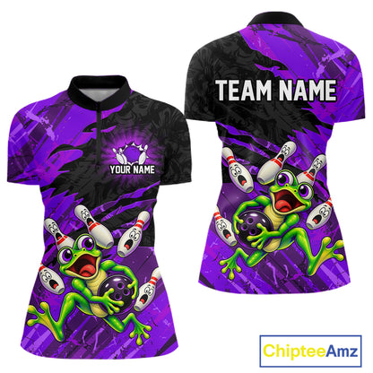 Custom Purple Funny Frog Bowling Shirt for Women Bowling Team Jersey QZT1271