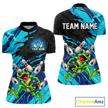 Custom Cyan Funny Frog Bowling Shirt for Women Bowling Team Jersey QZT1271