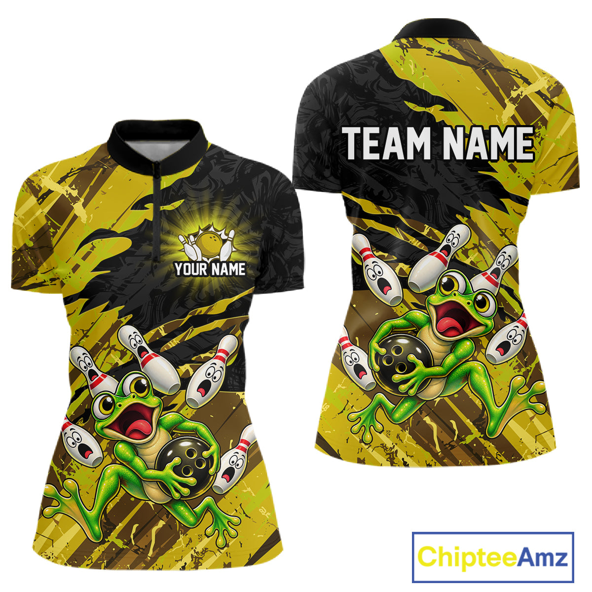 Custom Yellow Funny Frog Bowling Shirt for Women Bowling Team Jersey QZT1271