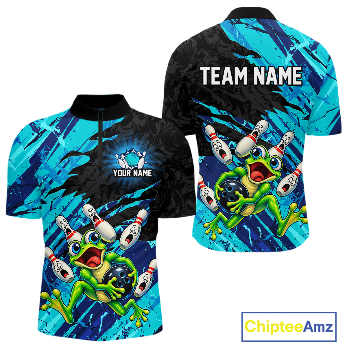 Custom Cyan Funny Frog Bowling Shirt for Men Bowling Team Jersey QZT1271