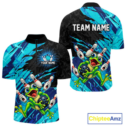 Custom Cyan Funny Frog Bowling Shirt for Men Bowling Team Jersey QZT1271