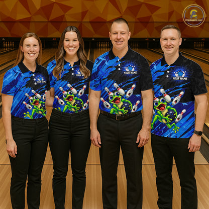 Custom Blue Funny Frog Bowling Shirt for Men Bowling Team Jersey QZT1271