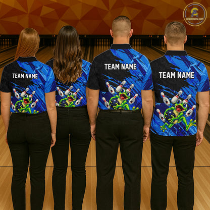 Custom Blue Funny Frog Bowling Shirt for Men Bowling Team Jersey QZT1271