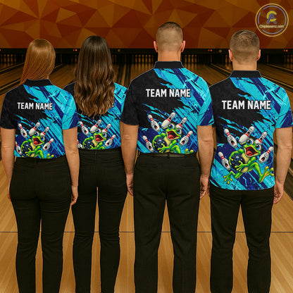 Custom Cyan Funny Frog Bowling Shirt for Men Bowling Team Jersey QZT1271