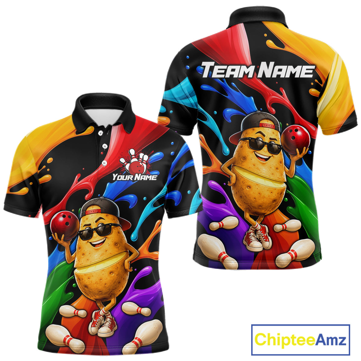 Colorful polo shirt with cartoon potato design and customizable text on a white background