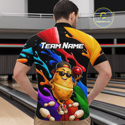 Colorful bowling-themed shirt with a potato character on a bowling alley background