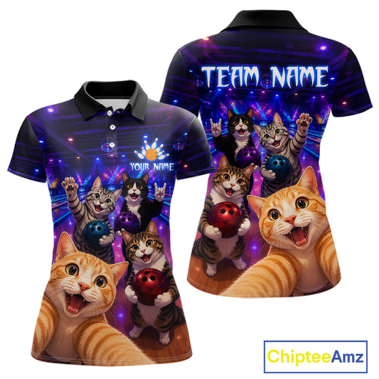 Polo shirt with cartoon cats and 'Team Name' text on a colorful background, featuring the brand 'Chiptee Amz'.