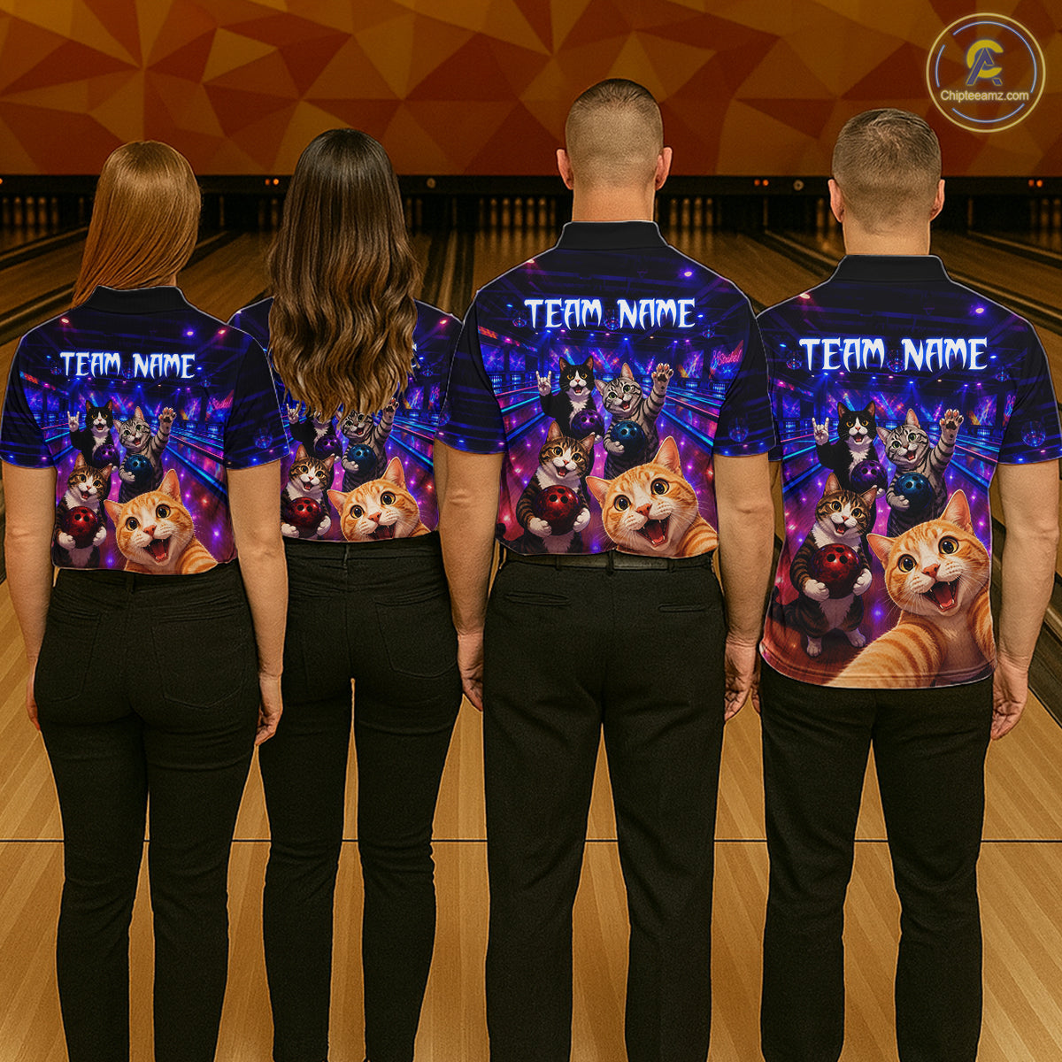 Four people wearing bowling shirts with cat designs and 'Team Name' text on a bowling alley.