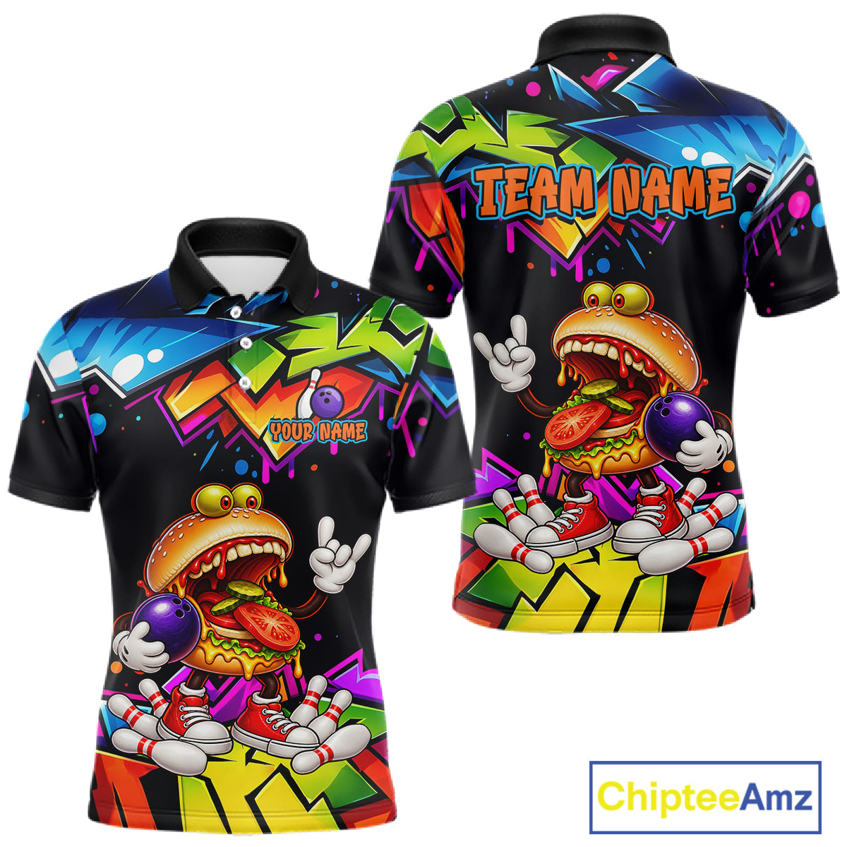 Custom Colorful Burger Bowling Shirts for Men Funny Bowling Team Jersey Bowling Outfit QZT1274