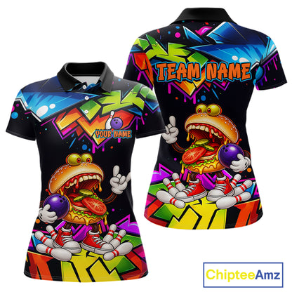 Custom Colorful Burger Bowling Shirts for Women Funny Bowling Team Jersey Bowling Outfit QZT1274