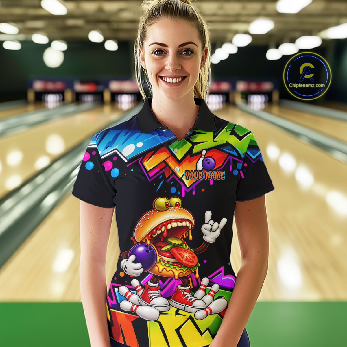 Custom Colorful Burger Bowling Shirts for Women Funny Bowling Team Jersey Bowling Outfit QZT1274
