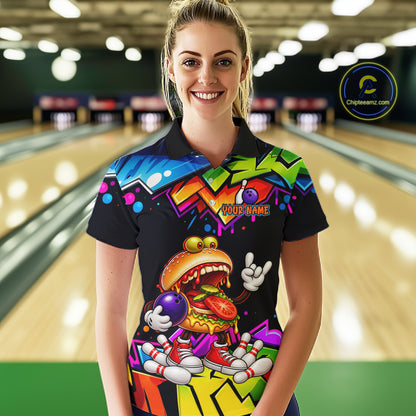 Custom Colorful Burger Bowling Shirts for Women Funny Bowling Team Jersey Bowling Outfit QZT1274