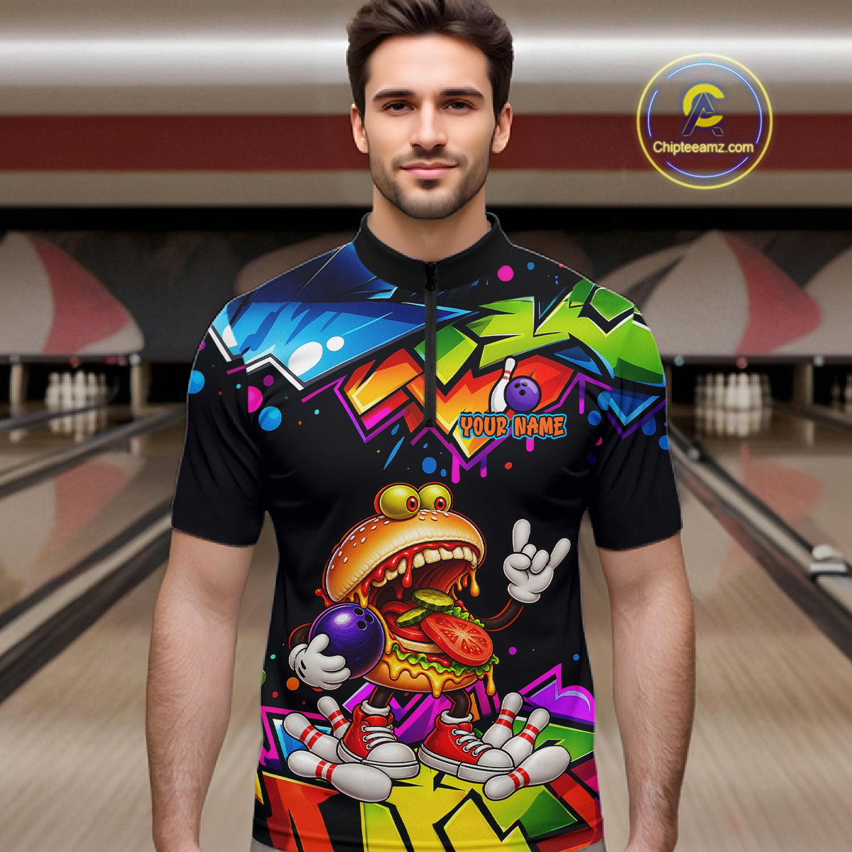 Custom Colorful Burger Bowling Shirts for Men Funny Bowling Team Jersey Bowling Outfit QZT1274