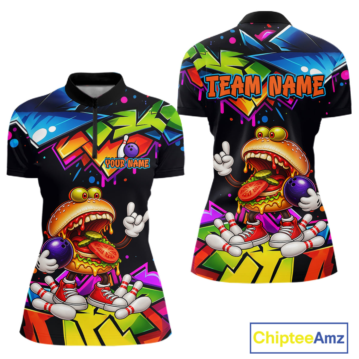 Custom Colorful Burger Bowling Shirts for Women Funny Bowling Team Jersey Bowling Outfit QZT1274